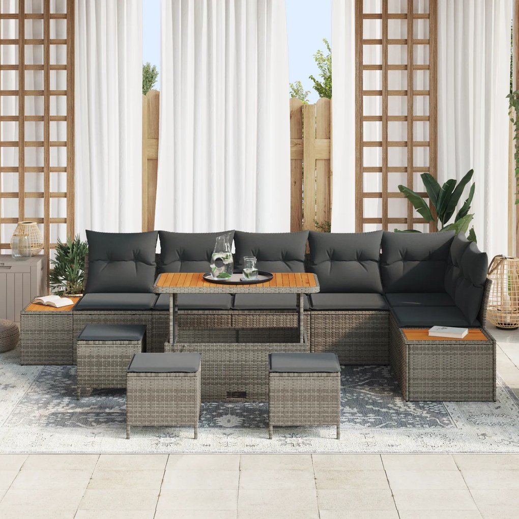 Conjunto de Sofá de Jardim vidaXL com Almofadas Cinza Vime e Acácia