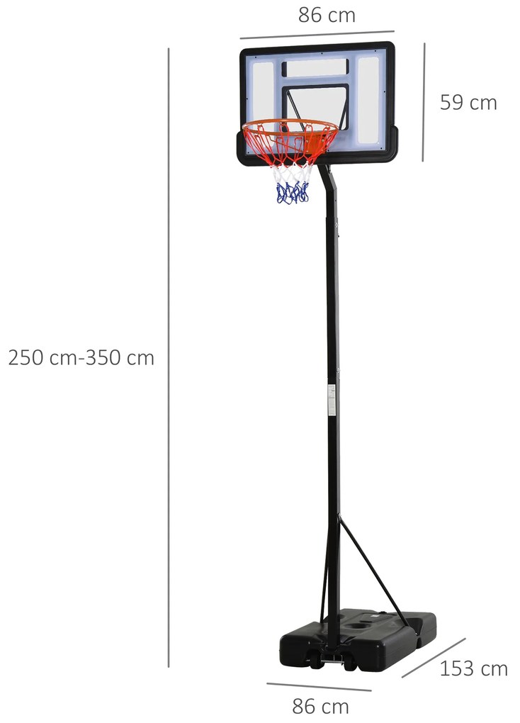 Cesta de basquete com suporte portátil Aro de cesta ajustável em altura com base recarregável para crianças e adultos 86x153x250-350 cm Preto