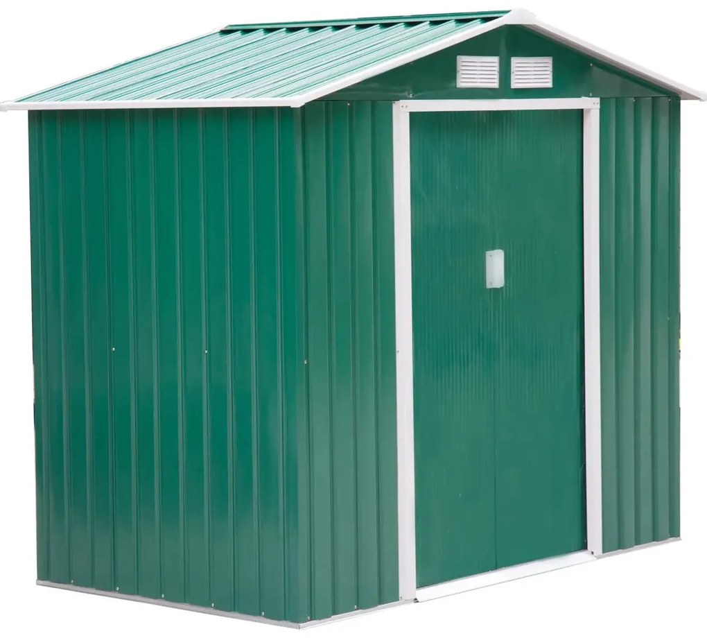 Outsunny Armário de Jardim 213x130x185 cm Abrigo de Jardim Metálico de Exterior com 2 Portas Deslizantes e 4 Janelas Verde | Aosom Portugal