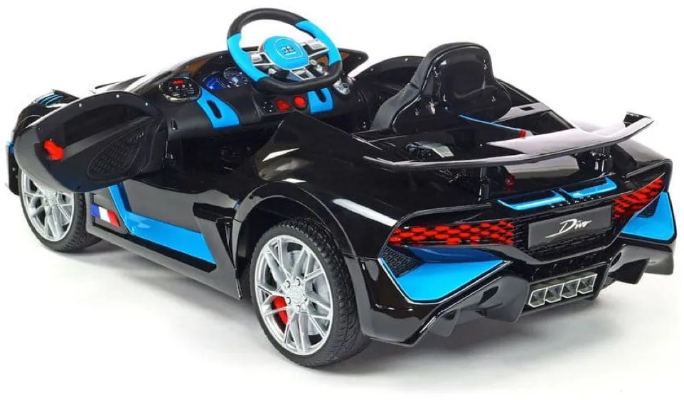 Bugatti Divo Carro elétrico para crianças 12v, módulo de música, assento de couro, pneus de borracha EVA Preto