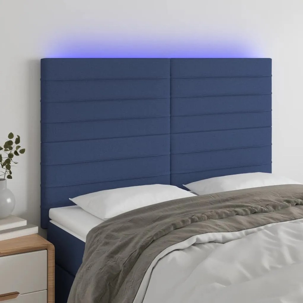 Cabeceira cama c/ LED tecido 144x5x118/128 cm azul