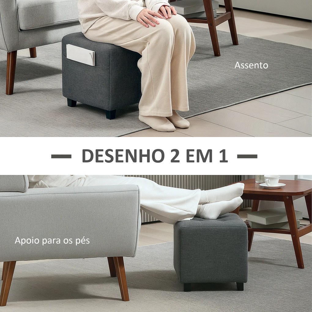 Apoio para os Pés Sala de Estar Banco Estofado em Linho com Bolso Lateral Tampa com Botões  35x35x35 cm Cinzento