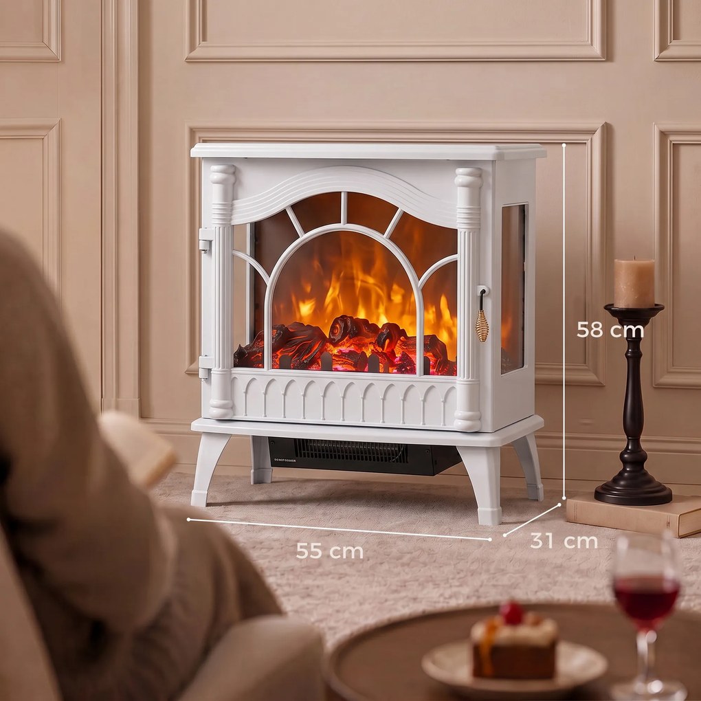 Lareira Elétrica 1000W/2000W com Temperatura Ajustável e Proteção contra Sobreaquecimento 55x31x58 cm Branca