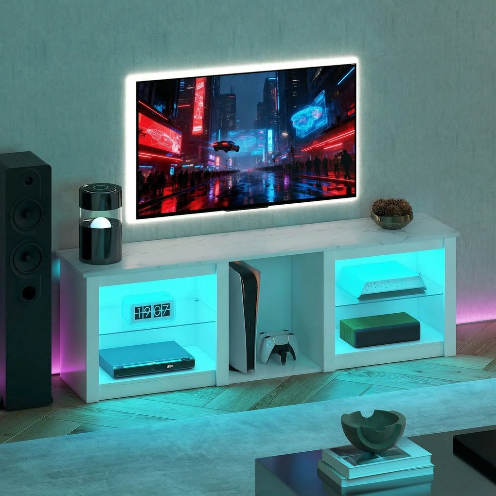 Móvel de TV com iluminação LED para televisores até 70 polegadas, 160 x 35 x 51,7 cm, com prateleiras de vidro ajustáveis, branco