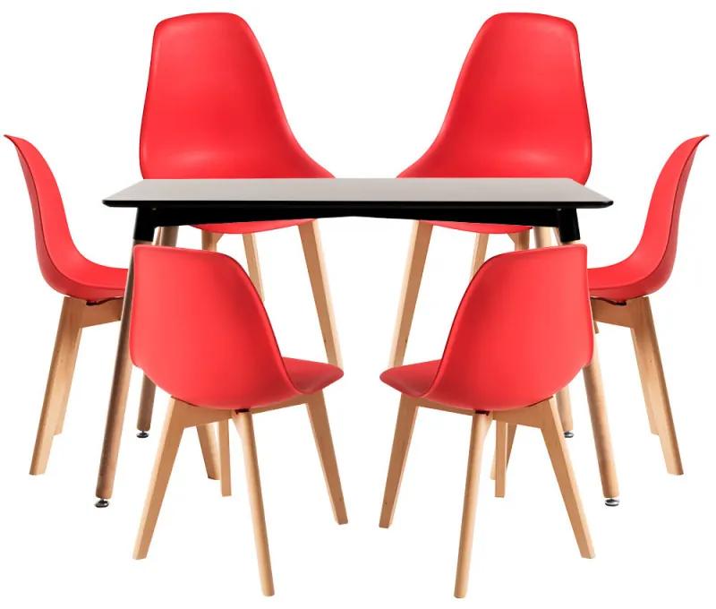 Conjunto Mesa Retangular 120x 80cm Preta e 6 Cadeiras Nórdicas Kelen - Vermelho