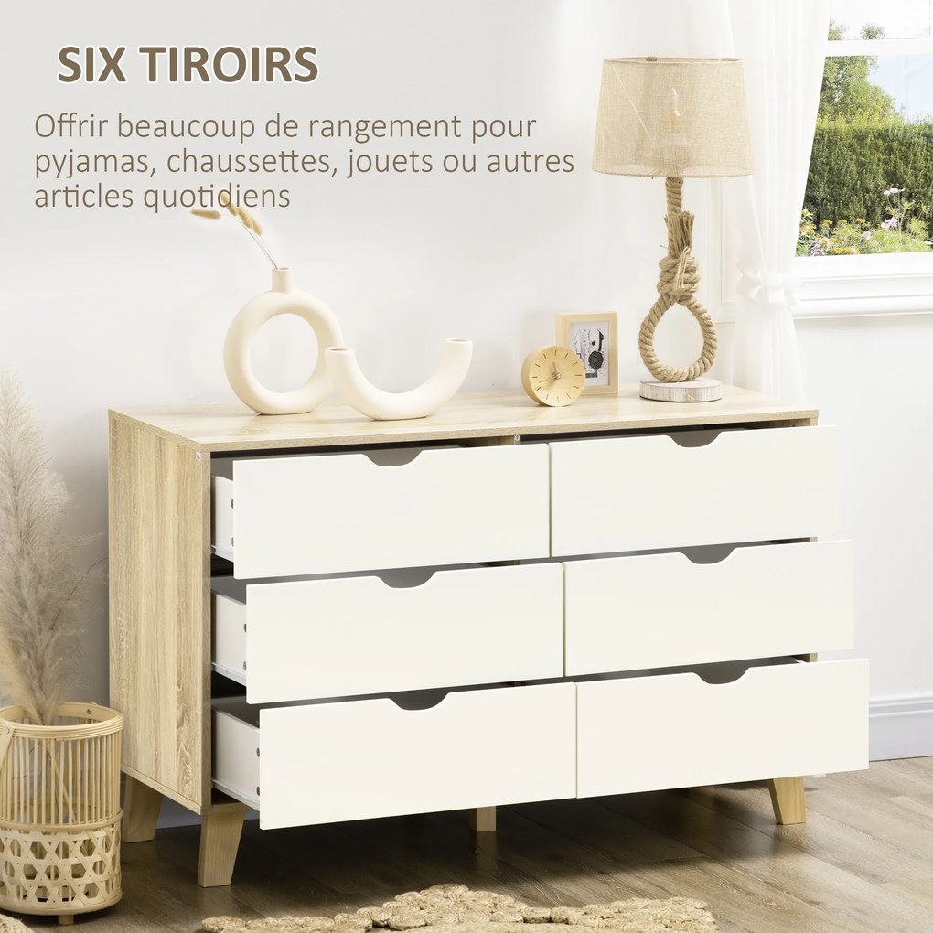 Cómoda de 6 gavetas em estilo escandinavo 120L x 40P x 76A cm, móvel de arrumação cor carvalho e bege