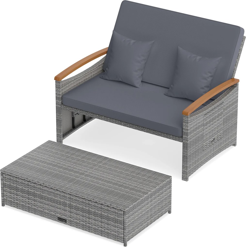 Conjunto de Sofá-Cama de Jardim de 2 Lugares, Otomana e 2 Mesas Laterais Dobráveis, 164 x 72-111 x 54,5-88 cm, Encosto Ajustável em 4 Níveis, Cinzento