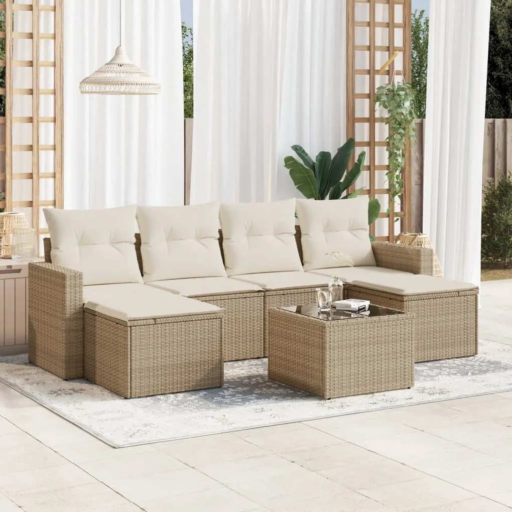 7 pcs conjunto de sofás p/ jardim com almofadões vime PE bege