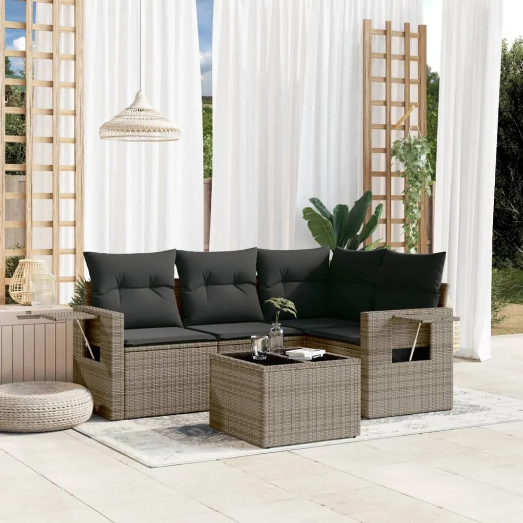5 pcs conjunto sofás de jardim c/ almofadões vime PE cinzento