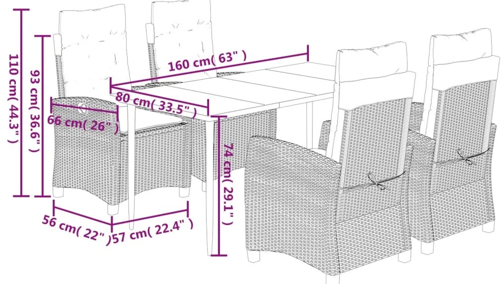 5 pcs conjunto de jantar p/ jardim c/ almofadões vime PE preto