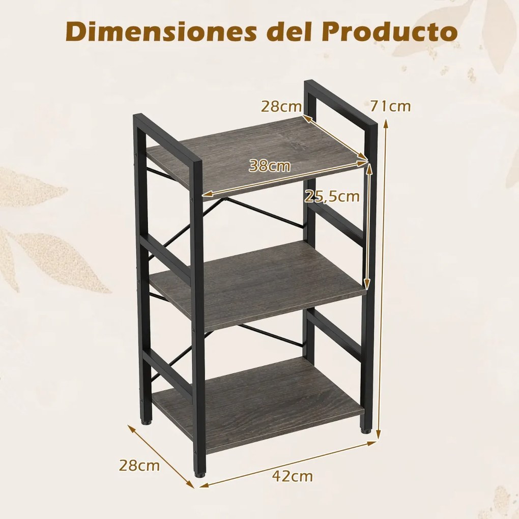Estante metálica compacta 42 x 28 x 71 cm de 3 níveis com prateleiras abertas e proteção anti-tombamento para sala de estar, escritório ou estúdio, em