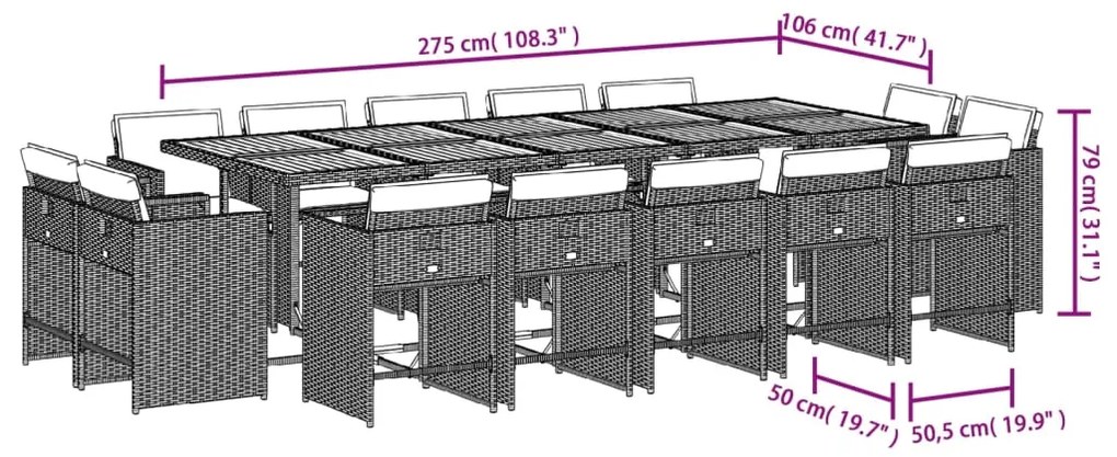 15 pcs conjunto de jantar p/ jardim com almofadões vime PE bege