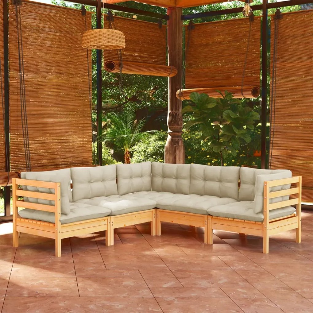 vidaXL 5 pcs conjunto lounge jardim c/ almofadões creme pinho maciço