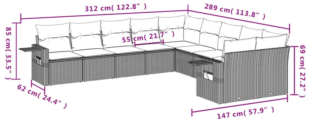 10 pcs conjunto de sofás p/ jardim com almofadões vime PE bege