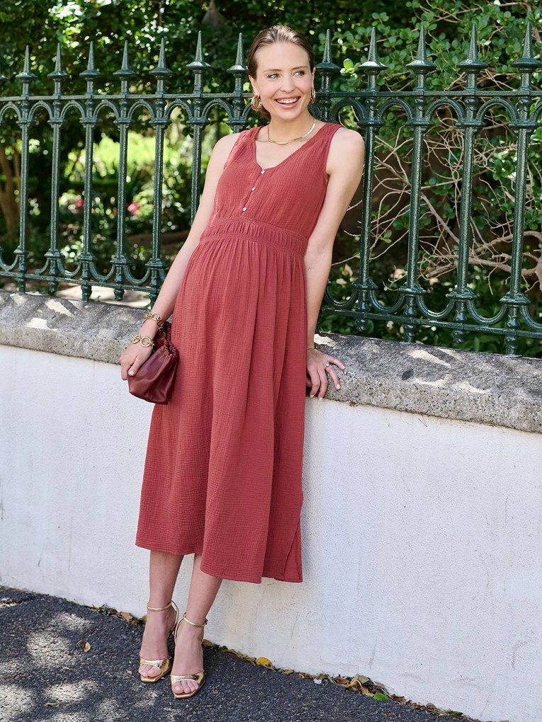 Vestido comprido gravidez e amamentação terracota