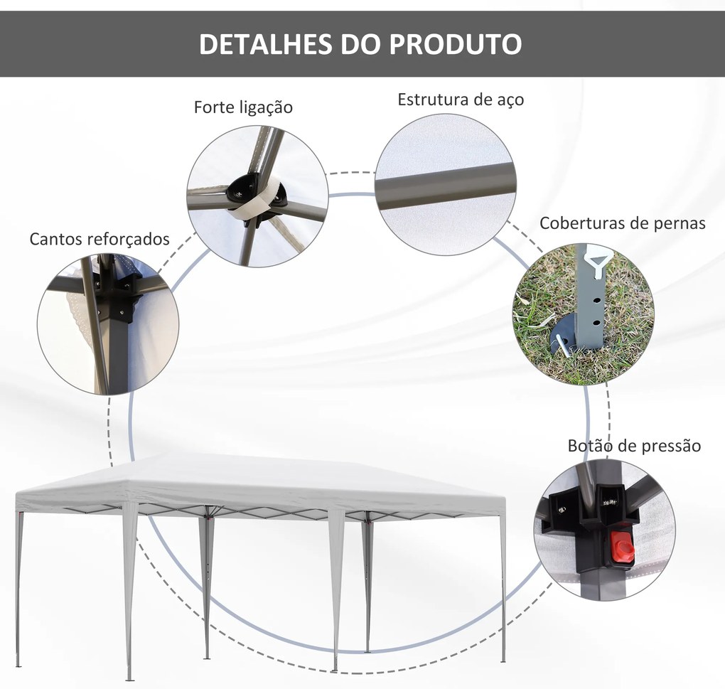 Outsunny Tenda Dobrável 6x3 Tenda de Jardim Portátil com Bolsa de Transporte Tecido Oxford Estrutura de Aço para Exterior Festas Acampamento Branco