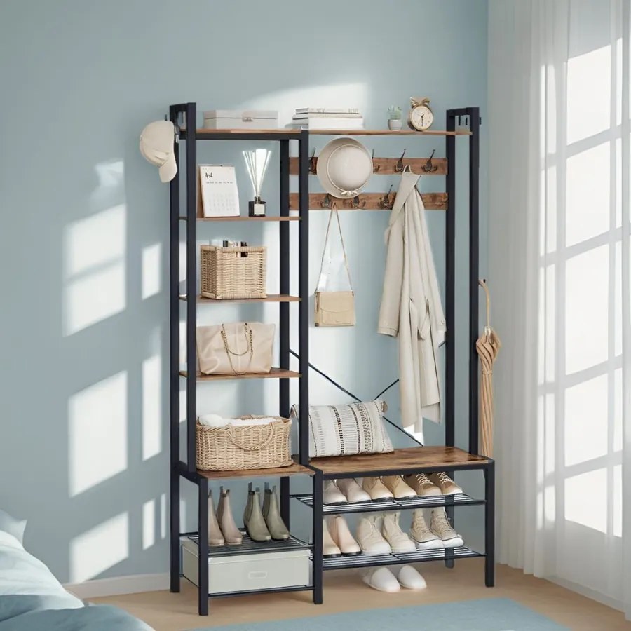 Bengaleiro Hall entrada com banco para sapatos 5 níveis de prateleiras 40 x 120 x 190 cm preto e castanho-escuro
