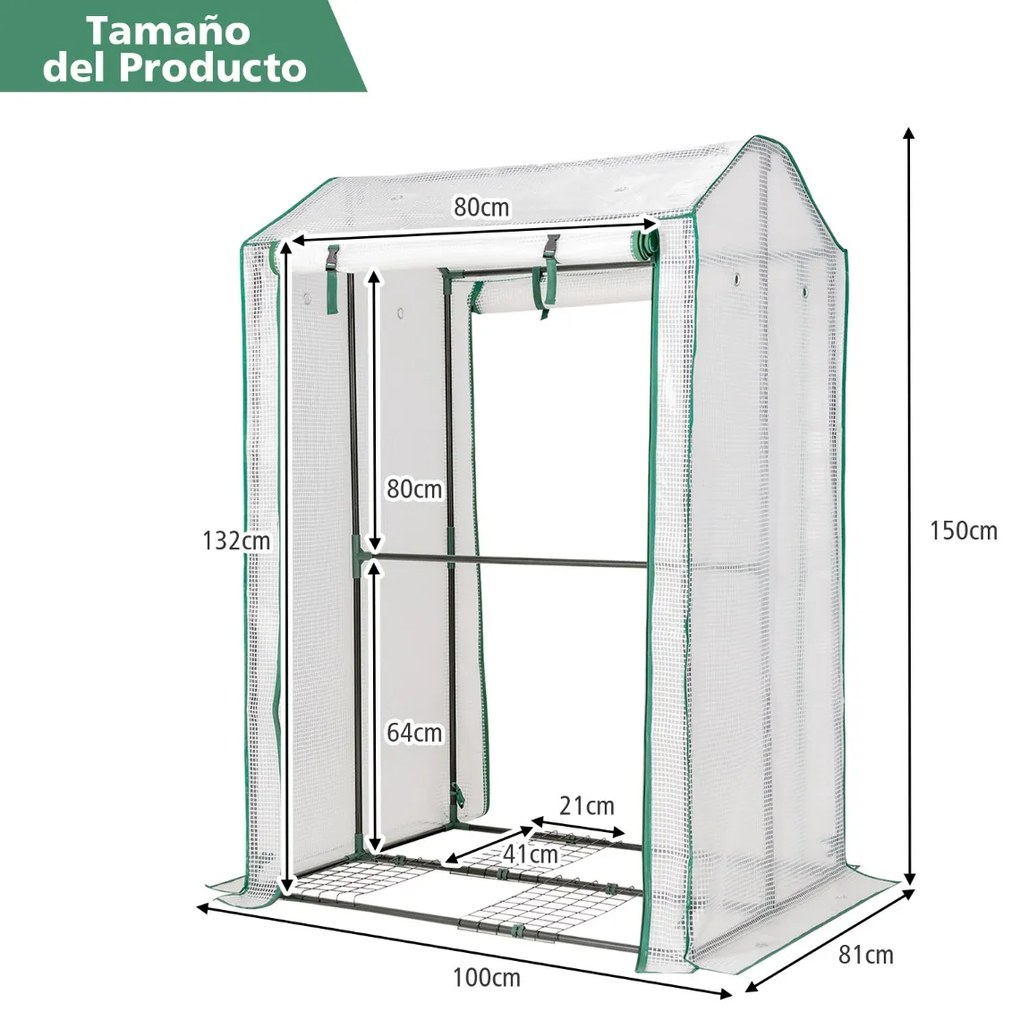 Estufa de jardim com 2 portas de correr com fecho de correr Cobertura em PE durável e estrutura em aço com 8 furos 100 x 81 x 150 cm