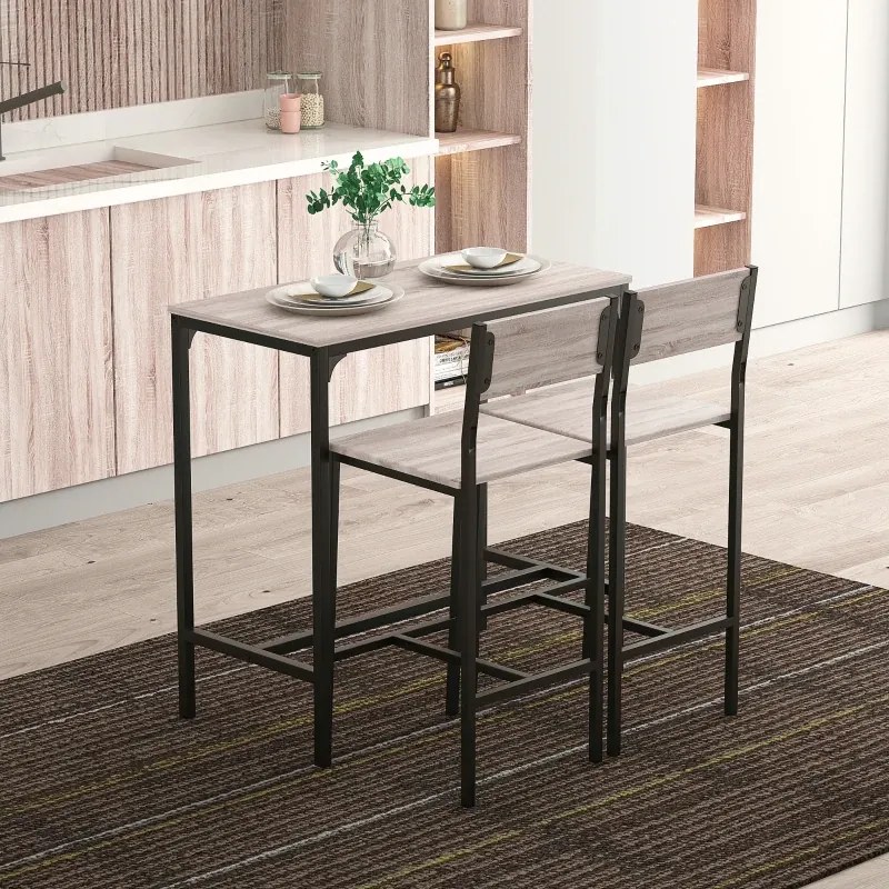 Conjunto de Mesa de Bar com 2 Bancos Conjunto de 3 Peças com 2 Bancos com Encosto e Apoio para Pés Design Industrial Madeira e Preto