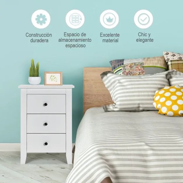 Mesa de cabeceira com 3 gavetas com Estrutura Resistente para Sala e Quarto 46 x 37 x 65 cm Branco