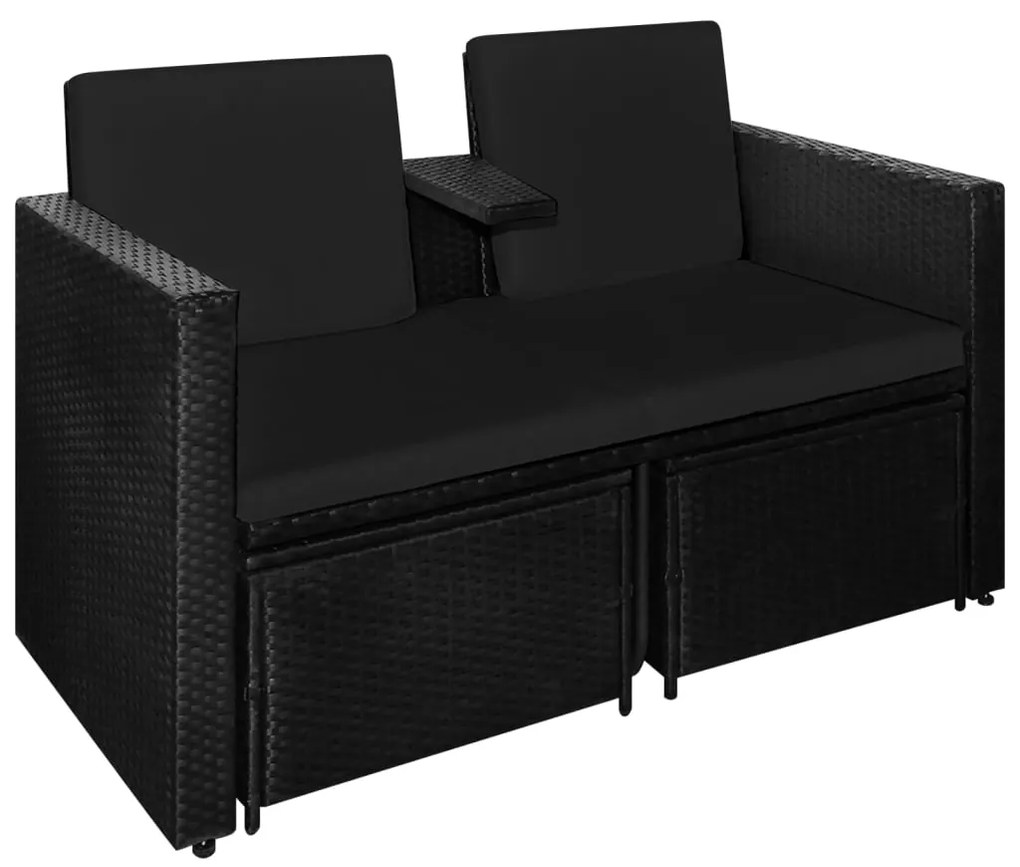 3 pcs conjunto lounge para jardim c/ almofadões vime PE preto