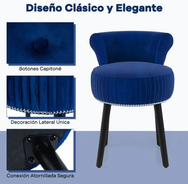 Cadeira, banco de Toucador de veludo 48 x 46 x 66 cm com encosto estofada com pernas de madeira maciça de meados do século Azul