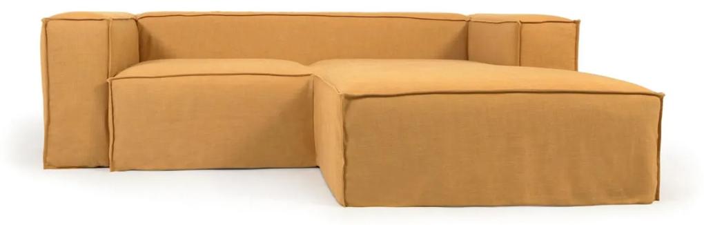 Kave Home - Sofá capa removível Blok de 2 lugares com chaise longue direita de linho mostarda 240 cm