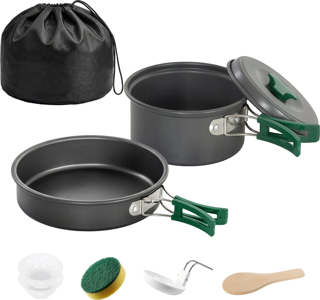 Conjunto de Panelas para Acampamento Outsunny, Kit 8 Peças Ultraleve, Alças Anti-Queimadura, Cinza | Aosom Portugal