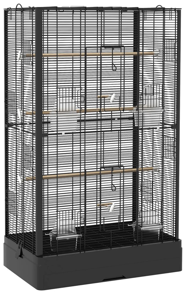 PawHut Gaiola para Pássaros 61x36,5x98 cm com Portas Poleiros Bandeja Removível e Alças para Canários Periquitos Preto