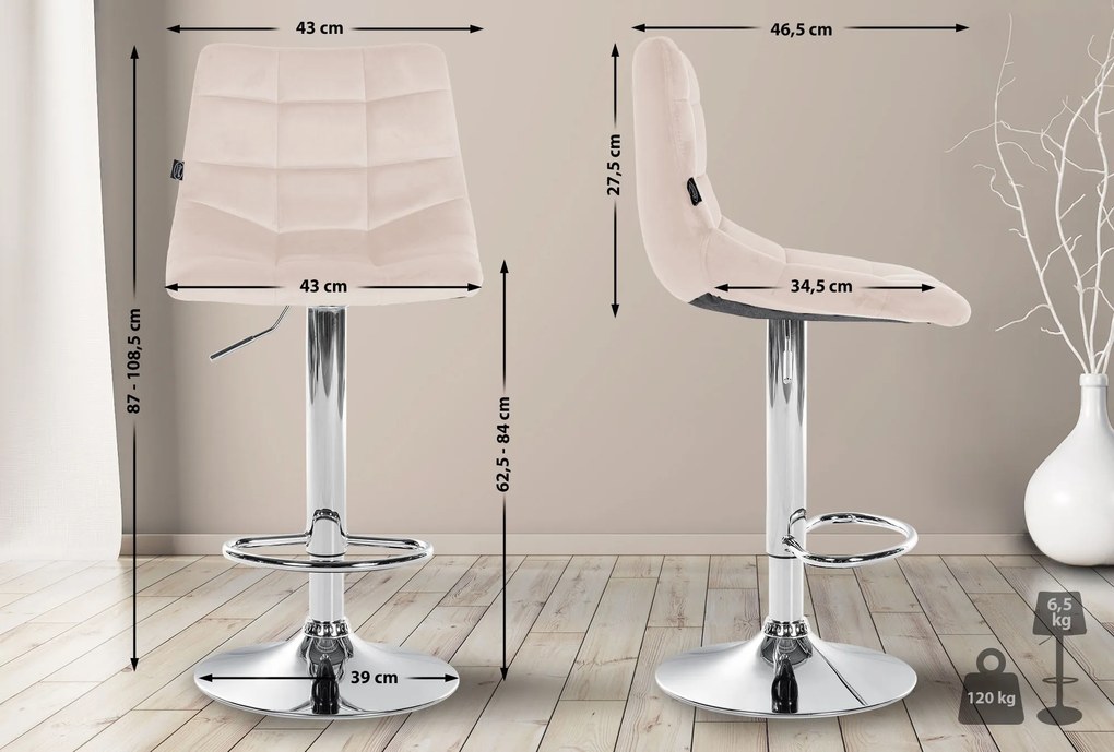 Conjunto de 2 bancos de bar Jerry em veludo com estrutura cromada 87-108,5 x 43 x 46,5 cm Bege