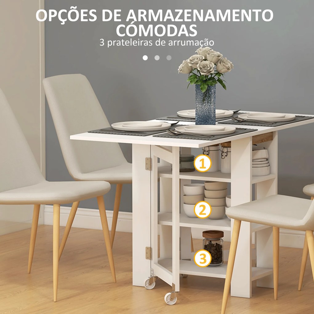 Mesa Dobrável com Asas Dobráveis Mesa de Cozinha com 2 Rodas e Prateleiras Estilo Moderno 120x60x75 cm Branco