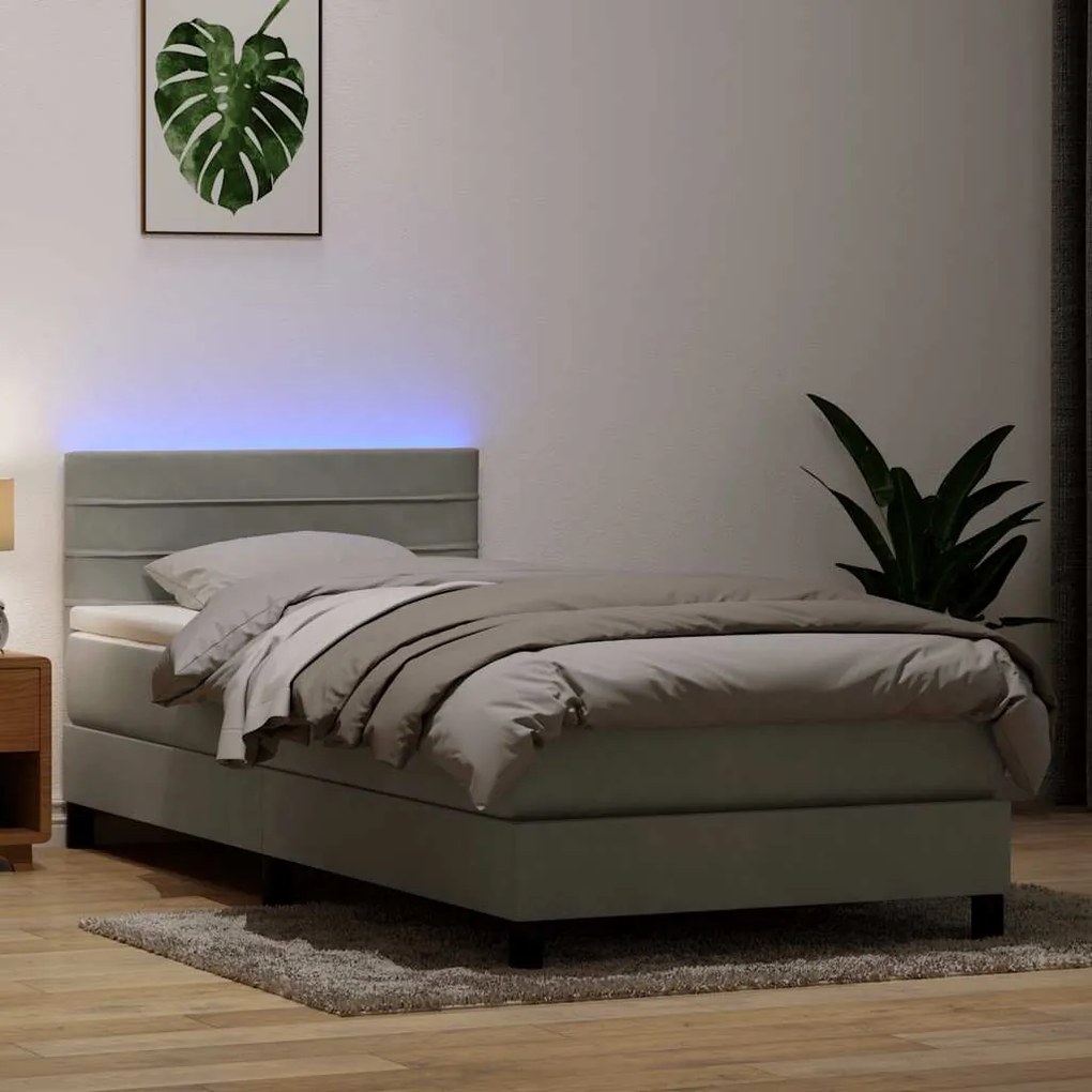 vidaXL Cama box spring c/ colchão e LED Cinza Claro 90x210 cm veludo