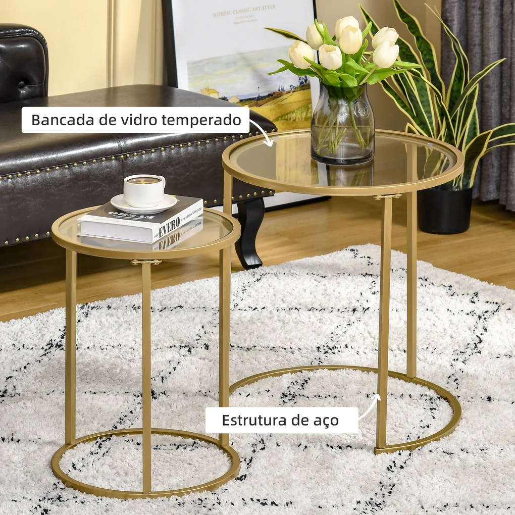 HOMCOM Conjunto de 2 Mesas Auxiliares Mesas Auxiliares com Estrutura de Metal e Bancada de Vidro para Sala de Estar Dormitório Ø50x58 cm e Ø37x51 cm Dourado