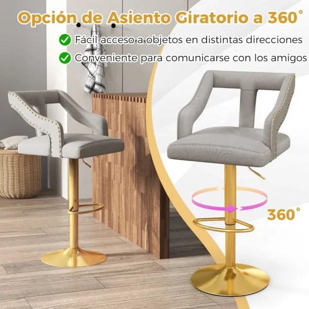 Conjunto de 2 bancos de bar giratório ajustável com apoio para os pés Base metálica tipo holandeses em veludo Cinzento e dourado