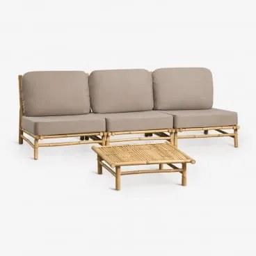 Conjunto De Jardim Com Sofá Modular De 3 Peças E Mesa De Centro Quadrada 75x75 Cm Em Bambu Isendra Tecido Castanho Moca - Sklum