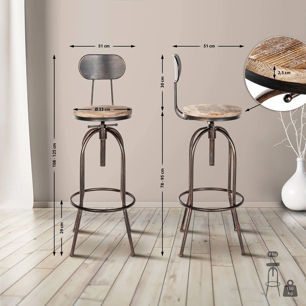 Conjunto de 2 bancos de bar Pino 49,5 x 101,5-121 x 49,5 cm Cor Madeira + Bronze