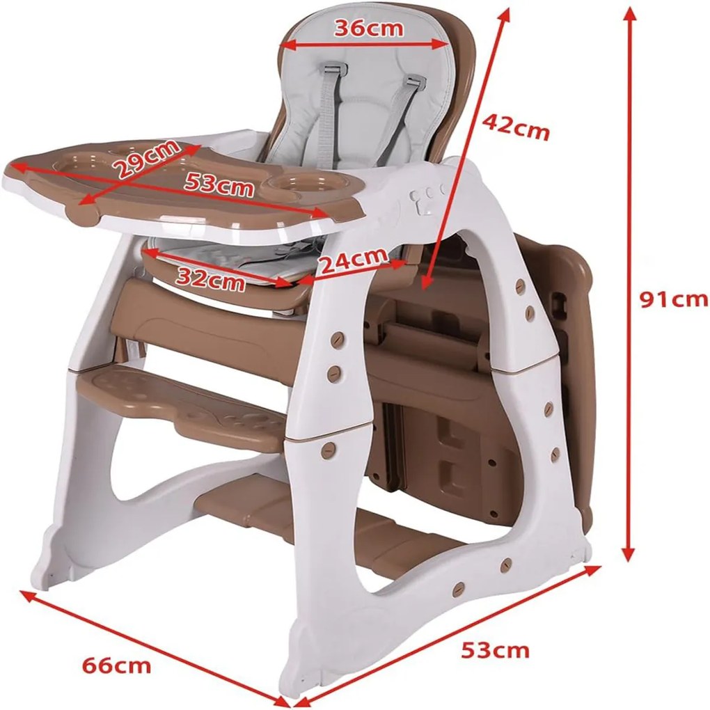 Cadeira refeição alta 3 em 1 para crianças Mesa conversível e conjunto de mesa Conjunto de mesa com bandeja ajustável Arnês de custo ajustável 53 x 66