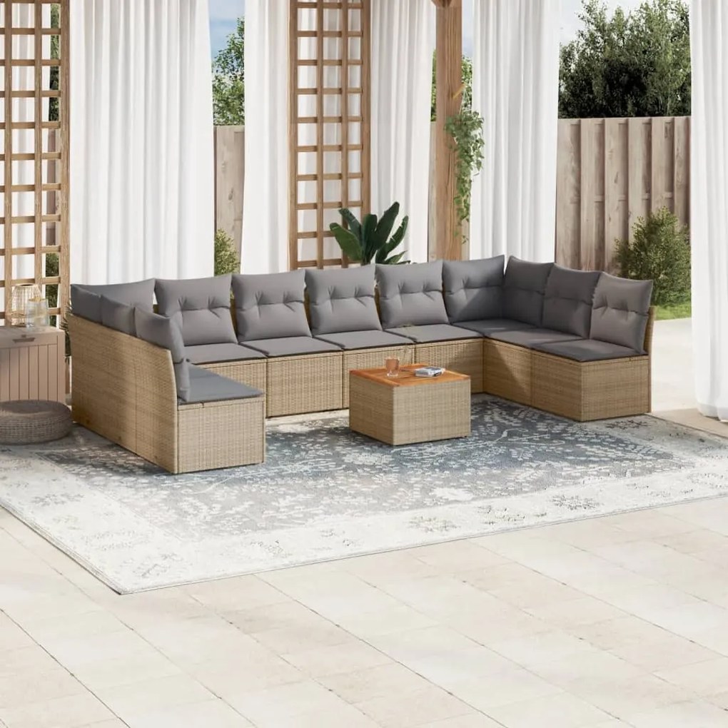 11 pcs conjunto sofás de jardim c/ almofadões vime PE bege