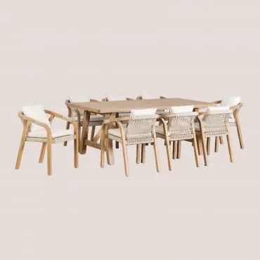 Conjunto De Mesa Retangular 200x100 Cm E 8 Cadeiras De Jantar Em Madeira De Acácia Dubai Tecido Gardénia Branco & Castanho Acácia Rústico - Sklum