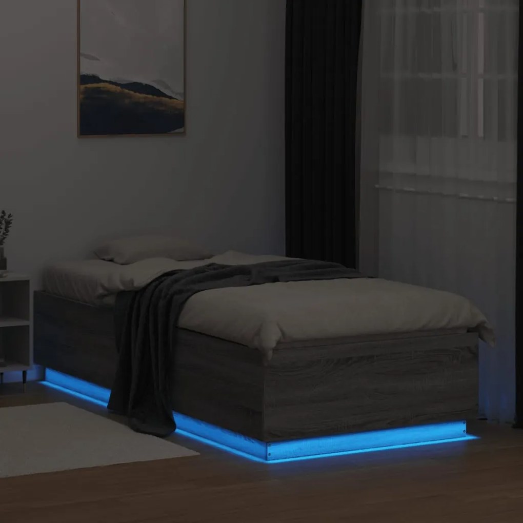 Estrutura cama c/ luzes LED derivados madeira cinzento sonoma