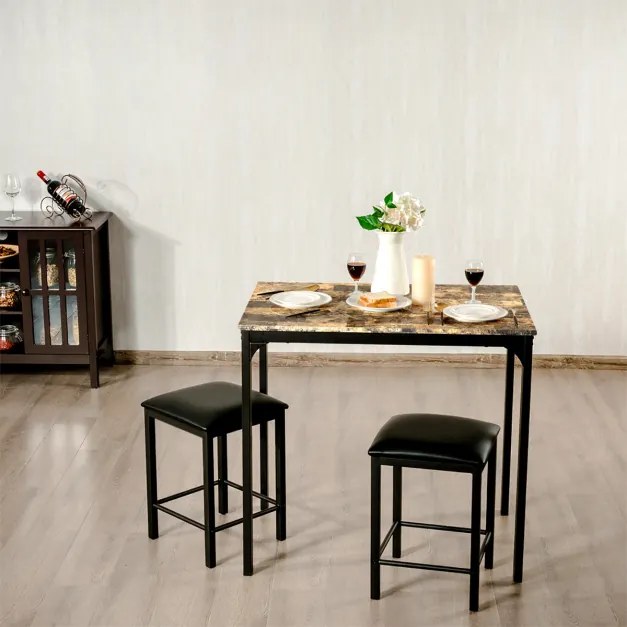 Conjunto de mesa de jantar e bancos jantar, 3 peças, mesa de cozinha, 2 bancos compactos de couro sintético para bares, pequenos espaços Castanho