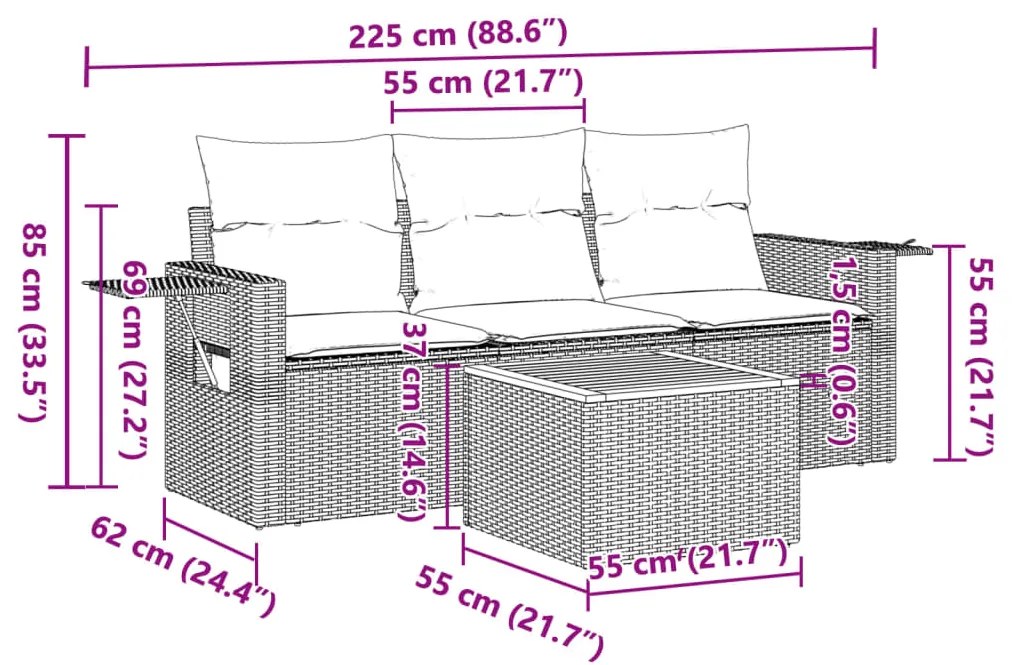4 pcs conjunto de sofás para jardim c/ almofadões vime PE preto