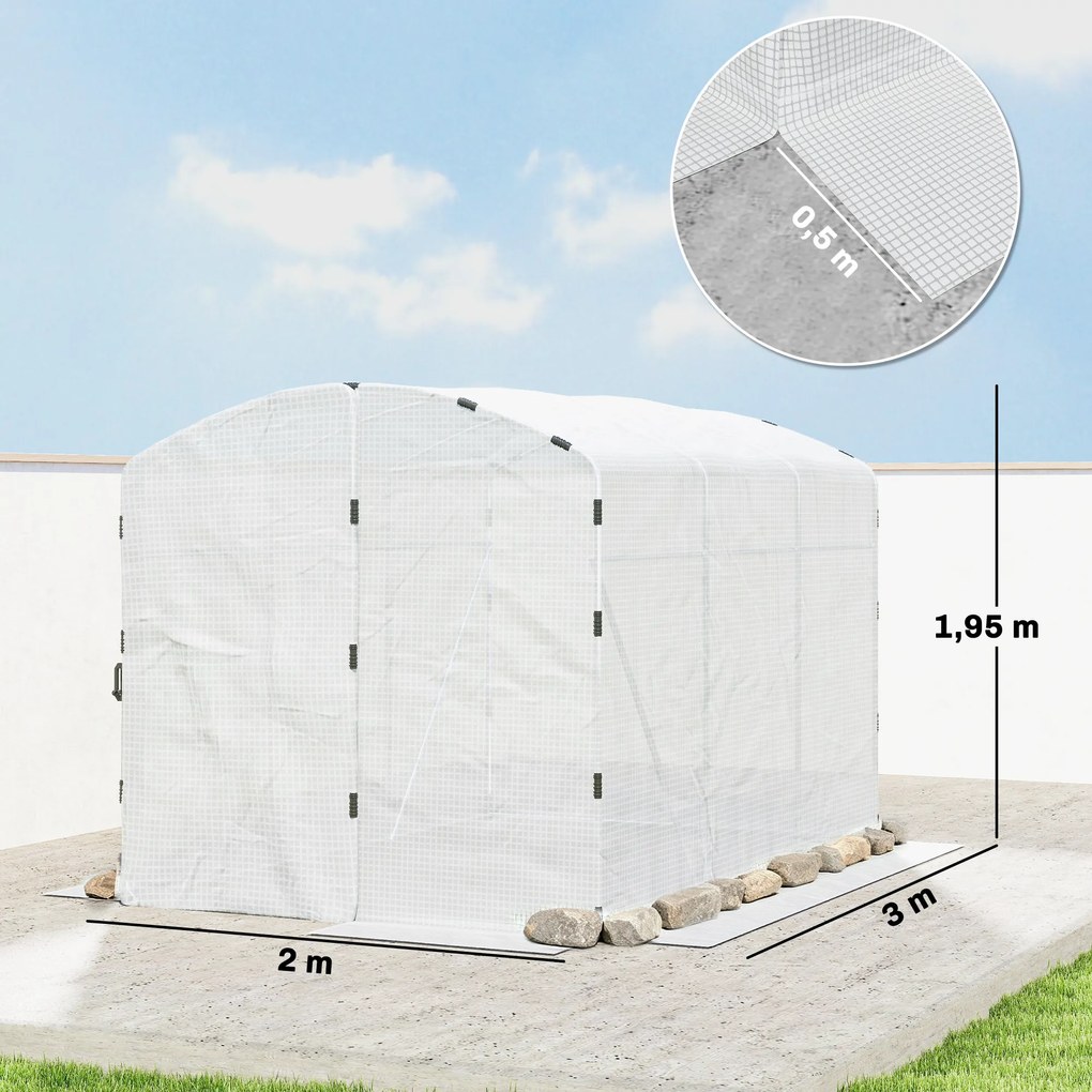 Estufa tipo túnel de jardim com 6 m², estufa tipo túnel de jardim com 300 x 200 x 195 cm, lona de PE de 220 g/m², bordas prolongadas 50 cm e porta bra