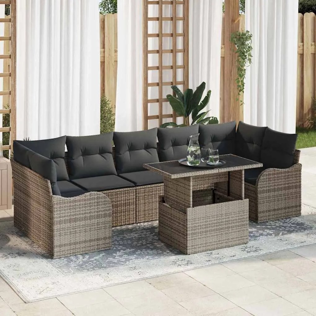 Sofá de Jardim 8 Peças com Almofadas Cinzas em Rattan Sintético