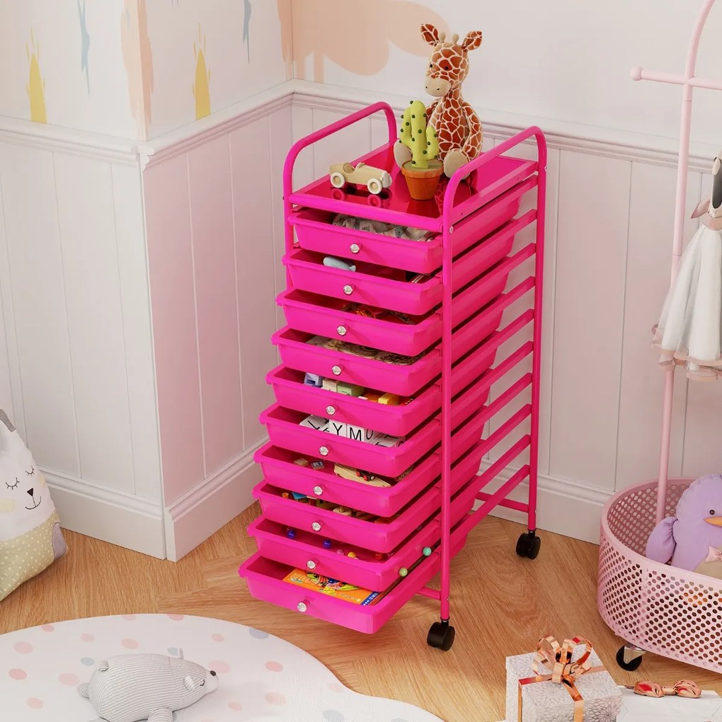 Carrinho multifuncional com rodas e 10 gavetas removíveis com estrutura metálica e gavetas empilháveis 33 x 37 x 86 cm Rosa escuro
