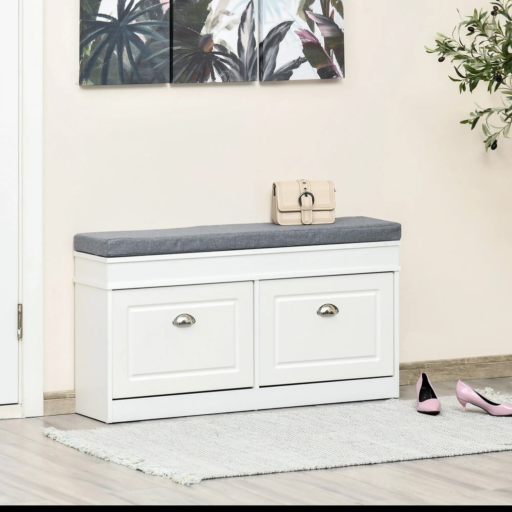 HOMCOM Banco Sapateiro com Armazenamento para 8 Pares de Sapatos com 2 Gavetas Prateleiras Ajustáveis e Almofada Acolchoada para Entrada Corredor 104x24x55cm Branco