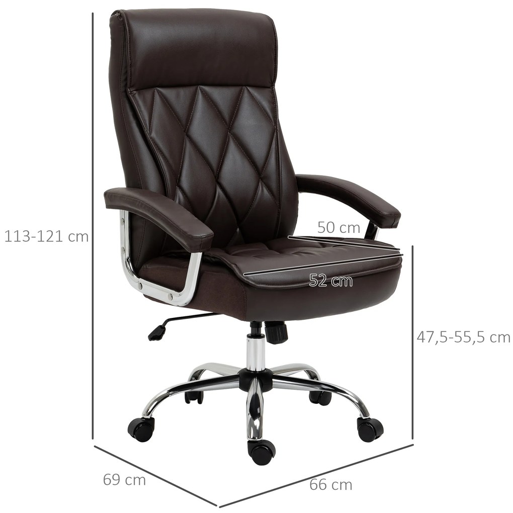 Vinsetto Cadeira de Escritório Ergonômica Cadeira de Escritório Giratória e Basculante com Altura Ajustável Encosto Alto e Apoio para a cabeça Acolchoado Pele Sintética 66x69x113-121cm Marrom