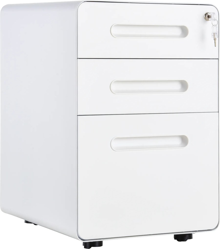 Vinsetto Carrinho com 3 Gavetas Arquivo Móvel com Rodízios Fechável Armário de Escritório com Pastas Suspensas e Porta-lápis, Gaveteiro para Escrivaninha 39x48x59cm Branco | Aosom Portugal