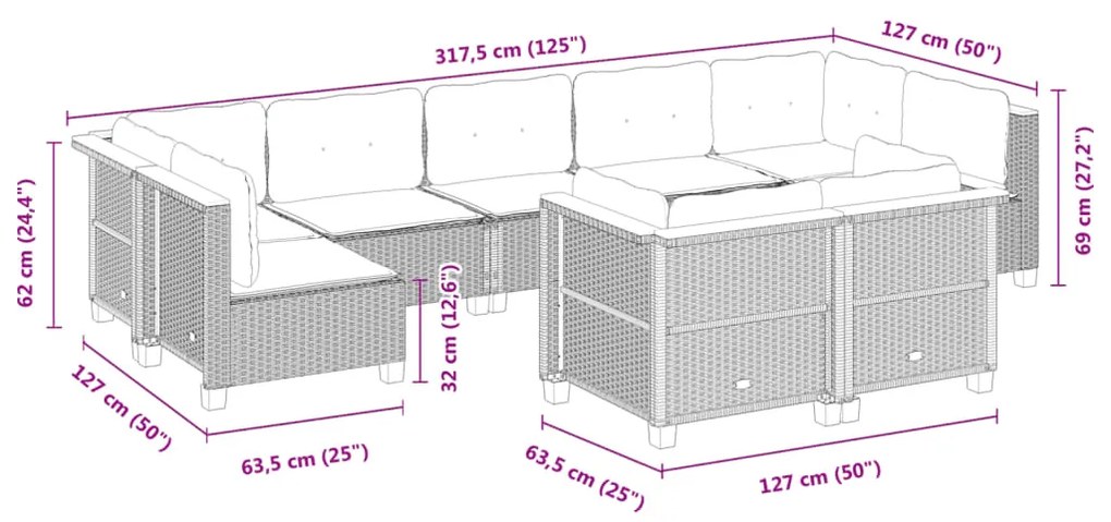 9 pcs conjunto sofás p/ jardim com almofadões vime PE cinzento