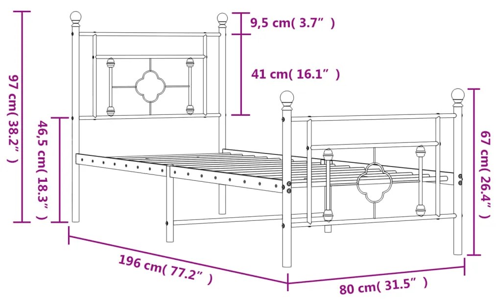 Estrutura de cama com cabeceira e pés 75x190 cm metal branco